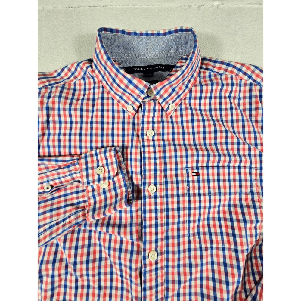 Tommy Hilfiger Mens Red White Blue Gingham Check Button Down Shirt Custom Fit M
